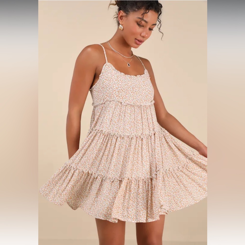 Lulus Sitting in the Sun Ivory Floral Print Ruffled Babydoll Dress SZ S Flowy